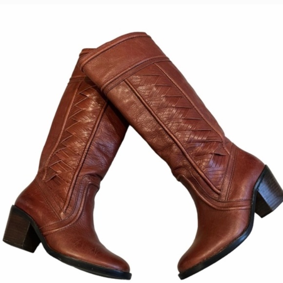FOSSIL Felicia woven leather riding heeled knee high boots Cognac Brown Size 8 - Picture 4 of 12